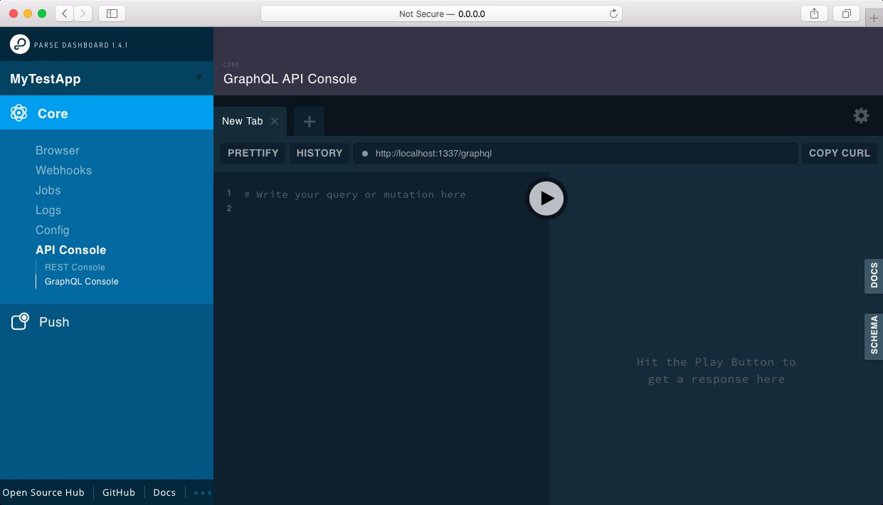Parse Dashboard GraphQL API console interface