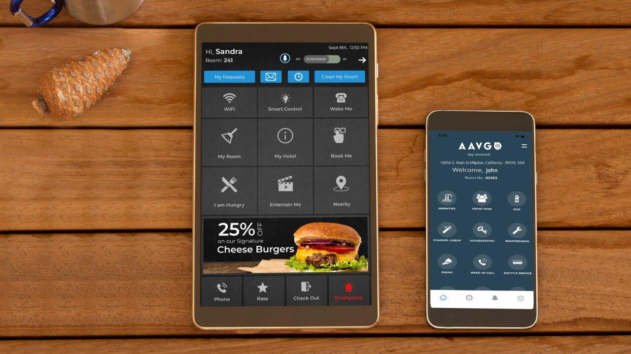 Aavgo guest experience interfaces shown on a tablet and phone