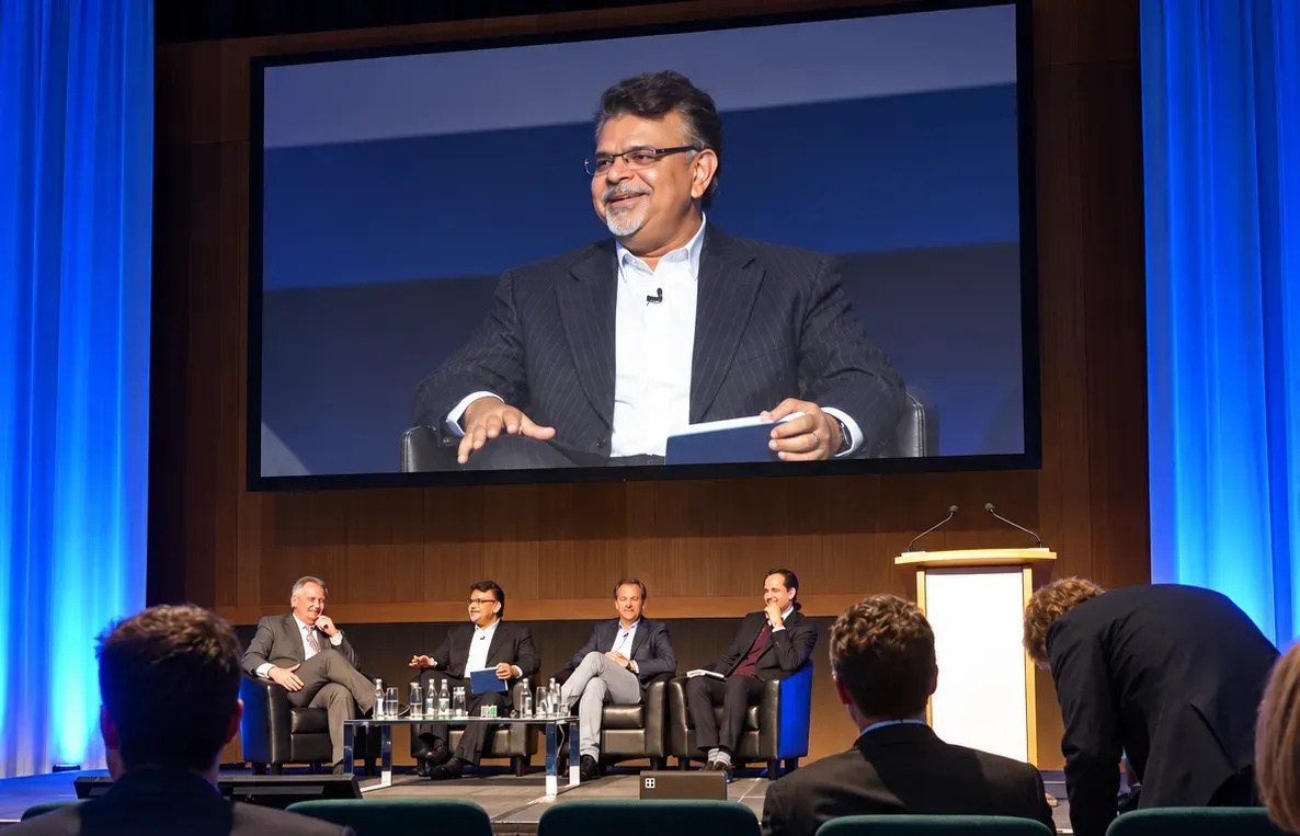 Parth Desai seated on a payments panel, with his image projected above the stage