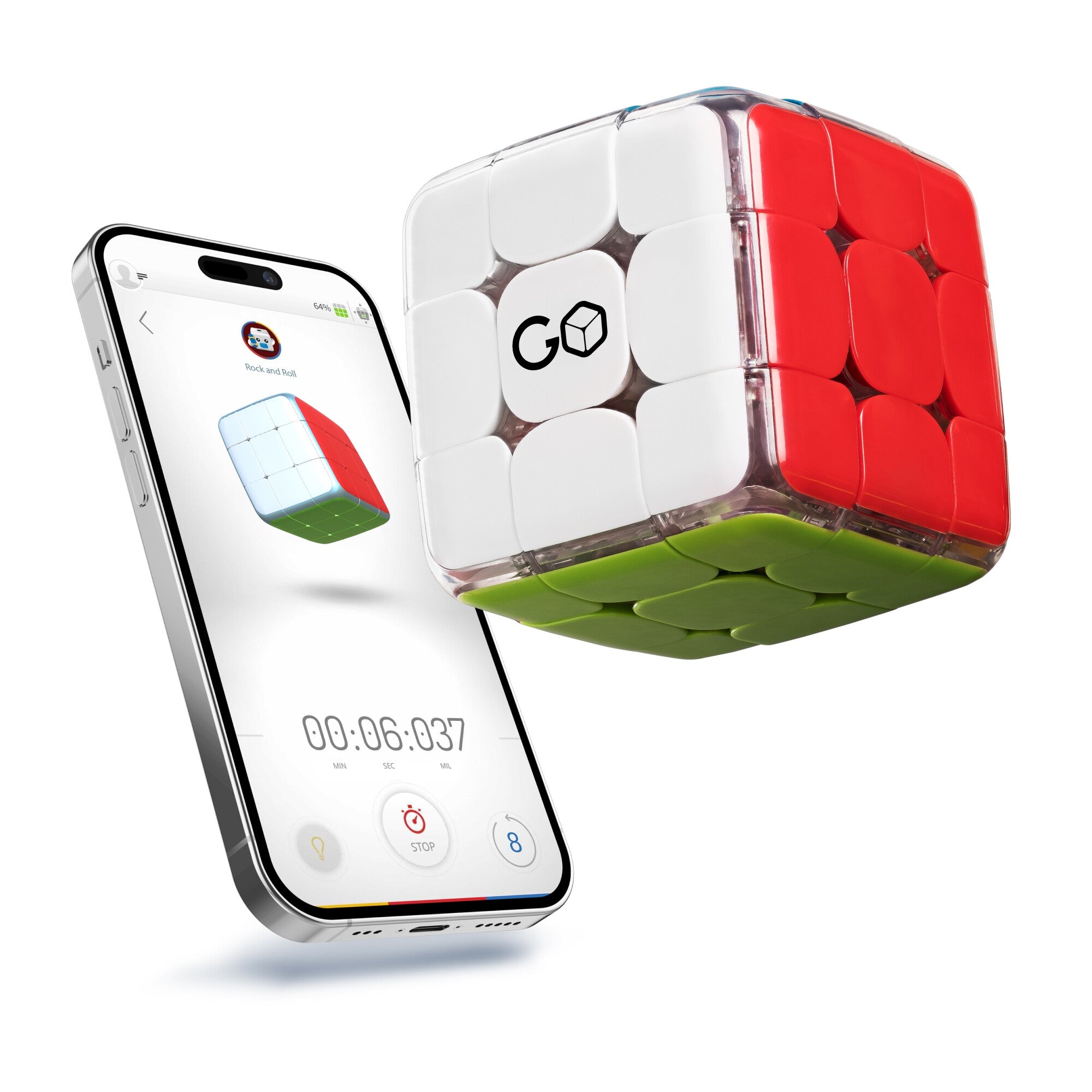 GoCube smart cube next to a phone running the companion app