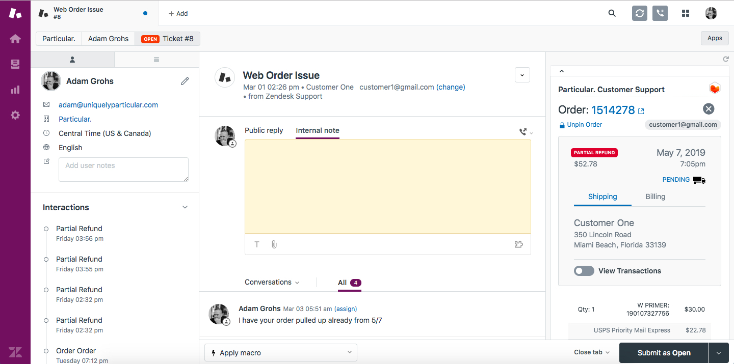Historical Particular. commerce integration showing order details in a Zendesk support workspace