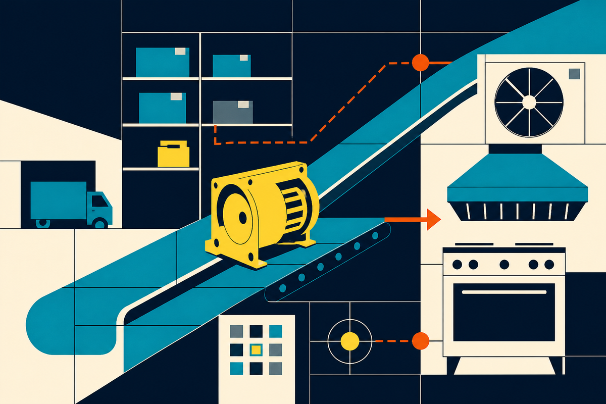 Abstract Swiss-style illustration of a replacement component moving through a warehouse toward kitchen and HVAC equipment