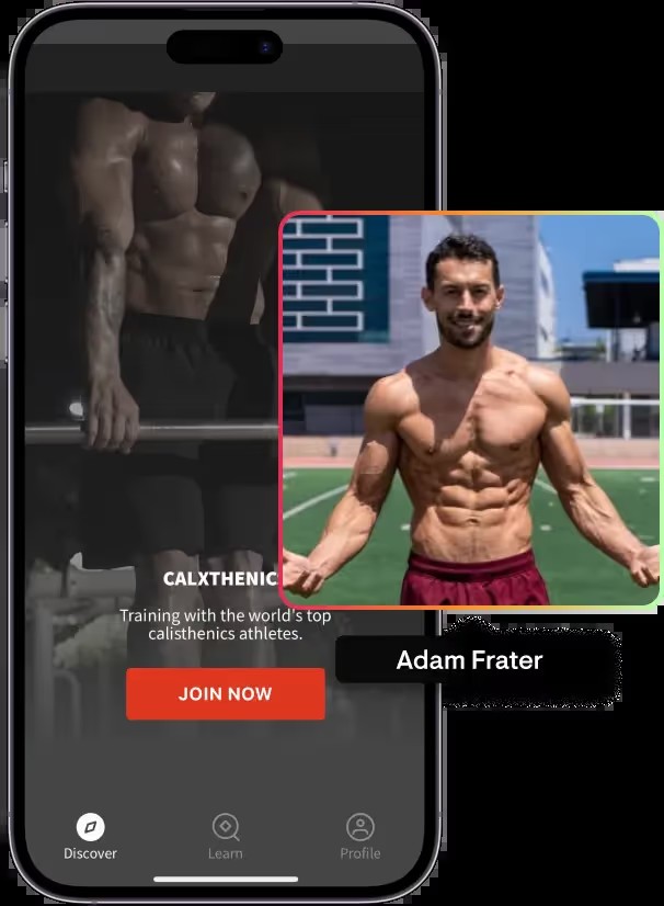 Calxthenics fitness app shown on a phone beside creator Adam Frater