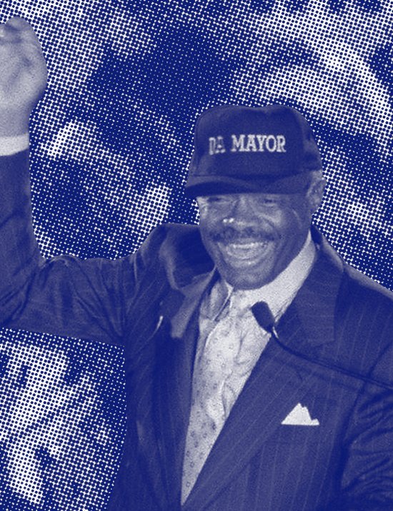 Blue-toned archival image of Willie Brown wearing a mayor cap and raising his hand