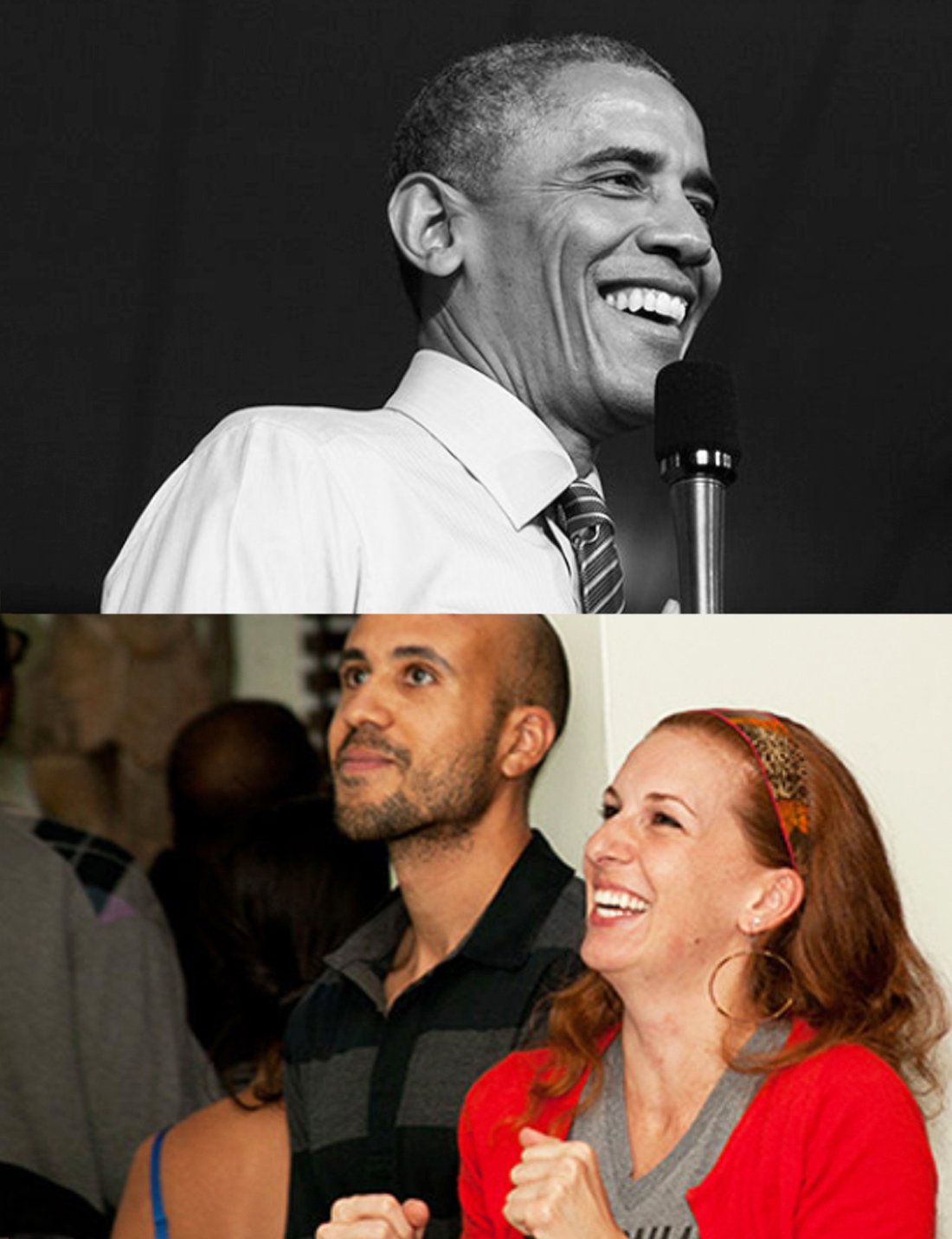 Archival composite showing Barack Obama above a candid photograph of Pat Reilly smiling at a gathering
