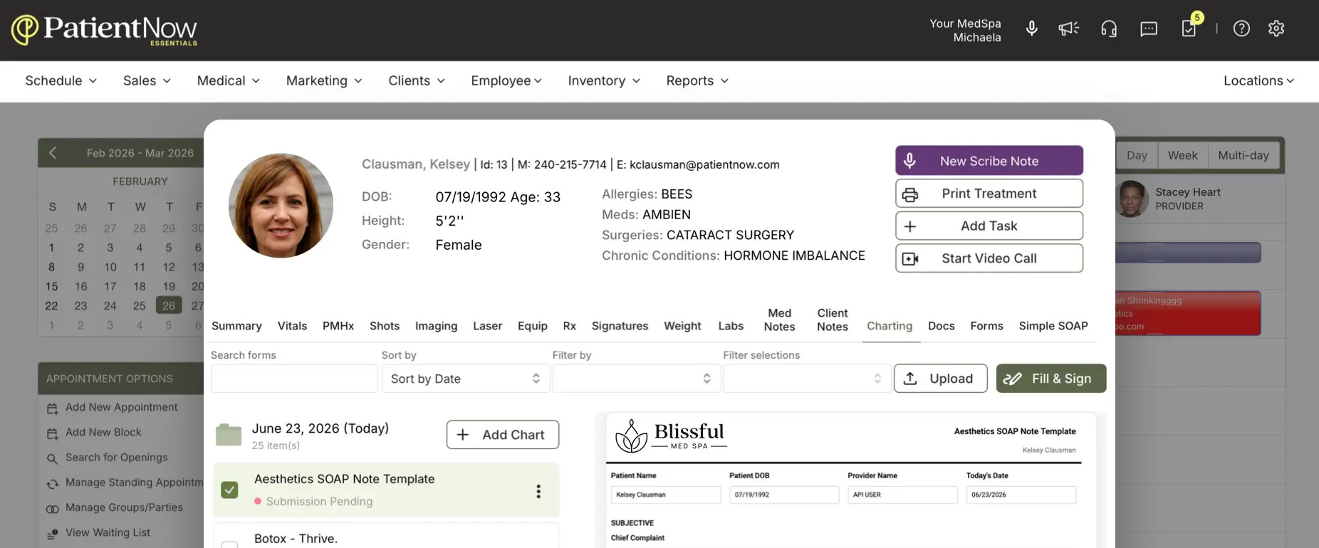PatientNow Essentials screen showing a patient chart, calendar and AI Scribe action