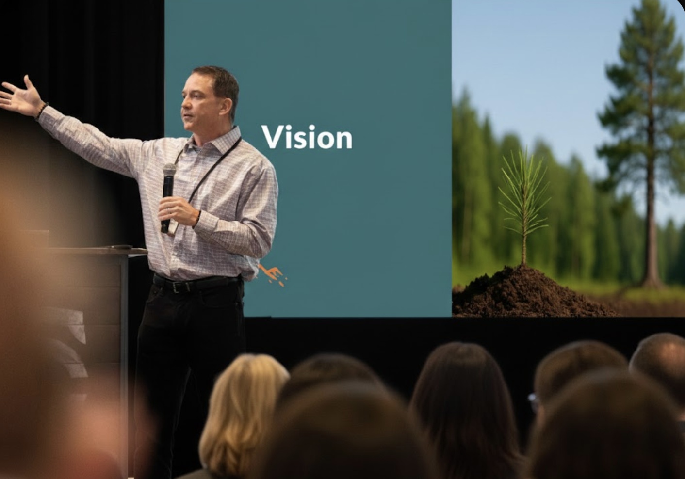 Patrick Donohue speaking to an audience with a slide about vision behind him