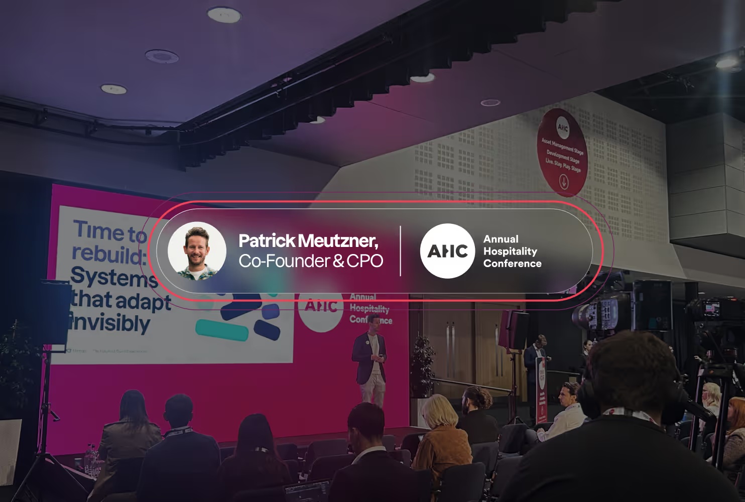 Patrick Meutzner presenting Trengo’s hospitality technology ideas at AHC 2025