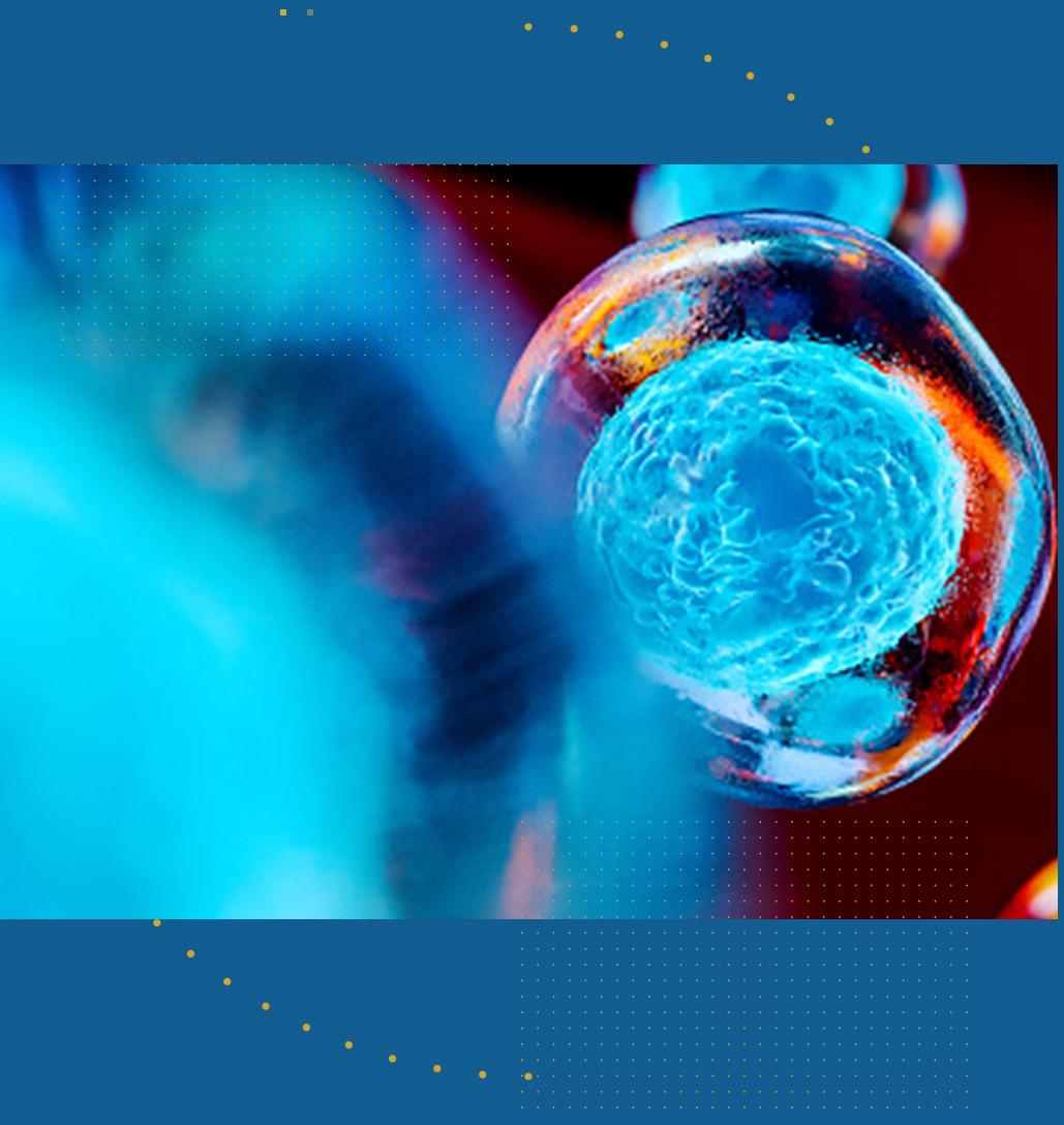 A stylized laboratory image of a cell inside a clear sphere, in blue and orange tones