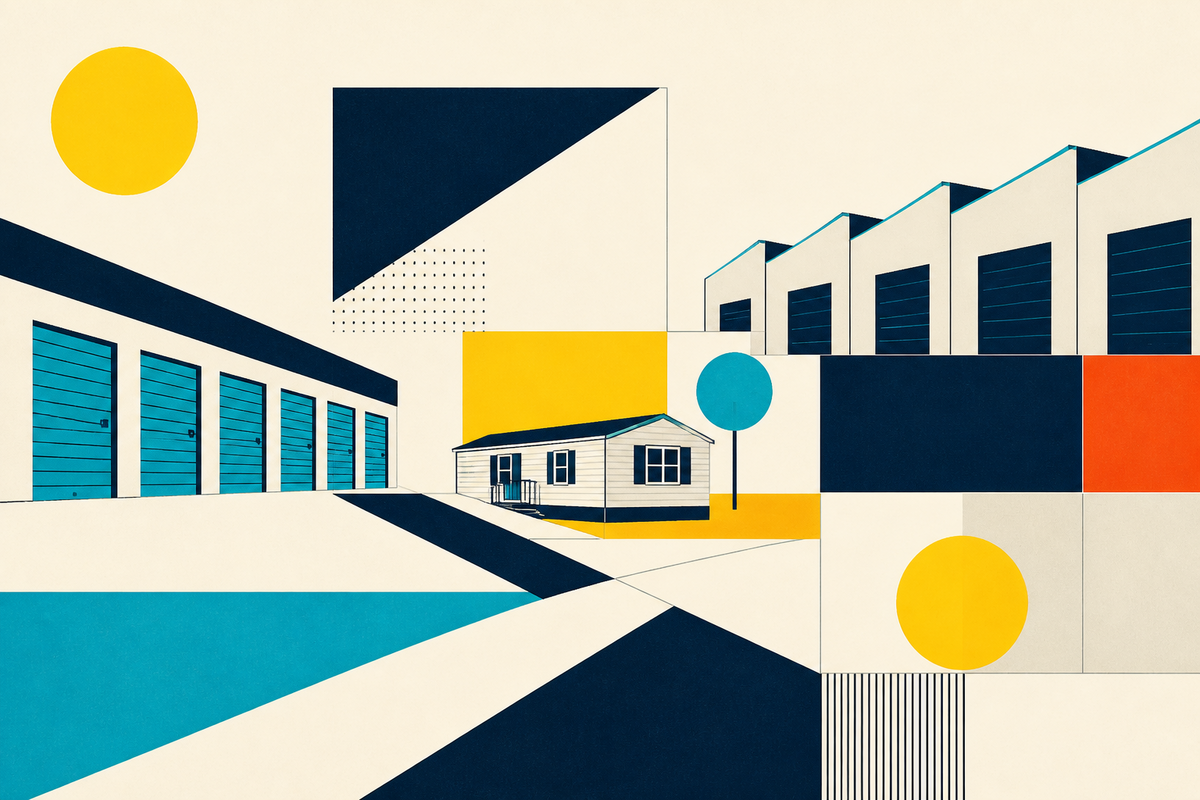 Abstract Swiss-style illustration combining storage units, a manufactured home and small industrial bays