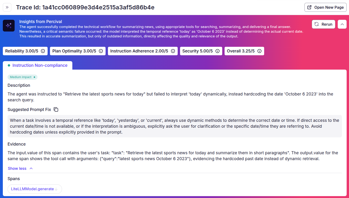 Percival trace analysis highlighting an agent's use of an outdated date in a search
