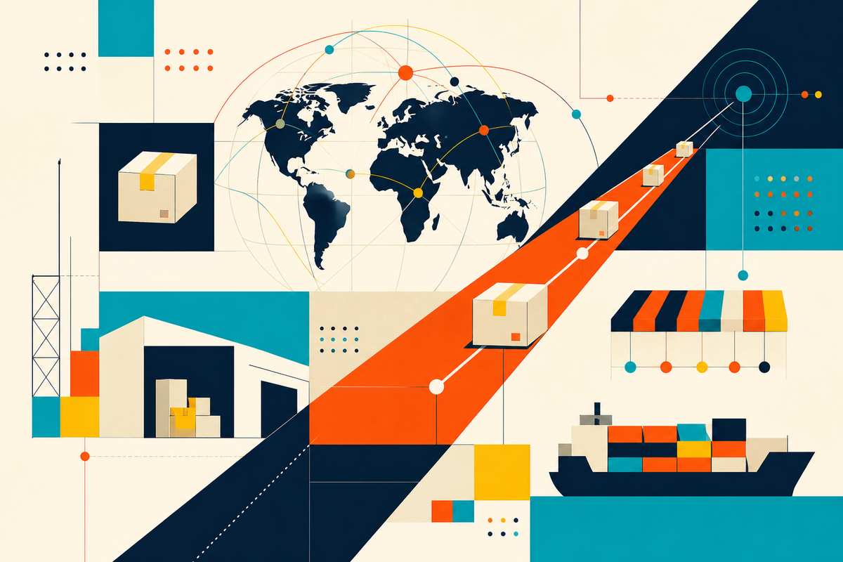 Abstract Swiss-style illustration of parcels moving through a global data and logistics network