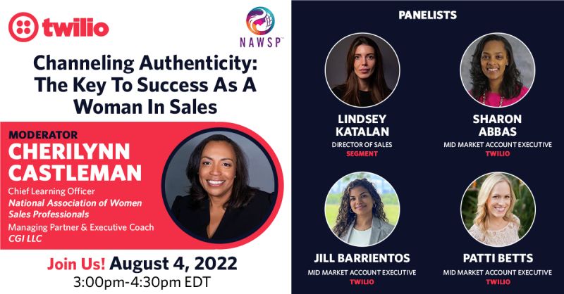 A 2022 Twilio and National Association of Women Sales Professionals panel graphic featuring Patti Betts and four other women in sales