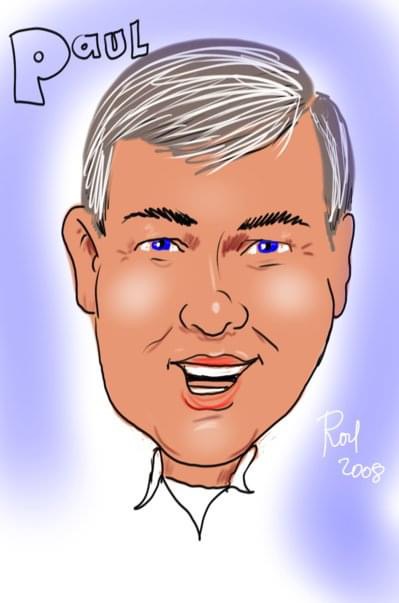 Caricature of Paul Russo with silver hair and a broad smile, signed Roy 2008