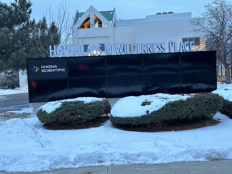 Hatch Labs at Wilderness Place in Boulder with the Khona Scientific name displayed outside