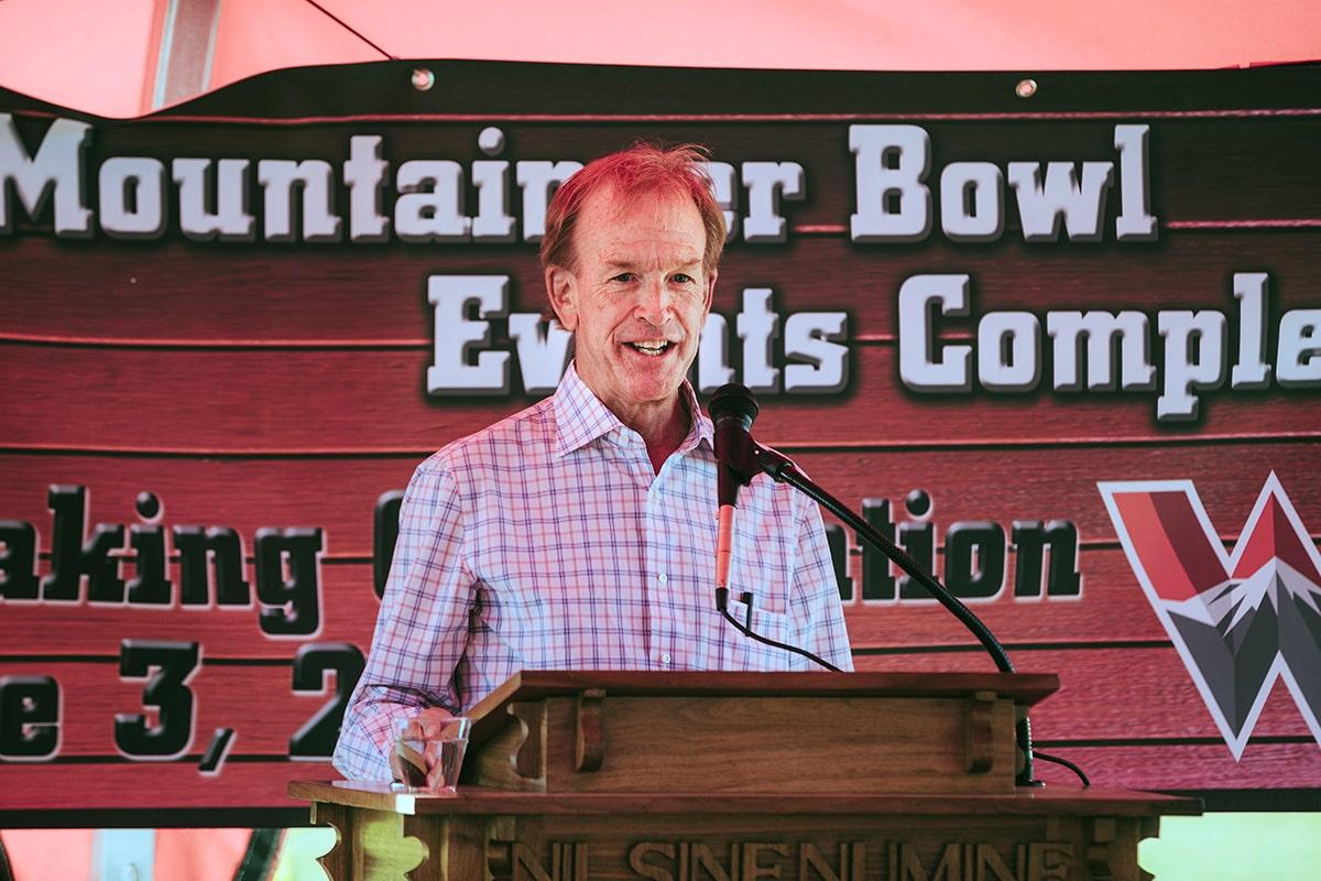 Paul Rady speaking at the Mountaineer Bowl renovation groundbreaking in June 2022