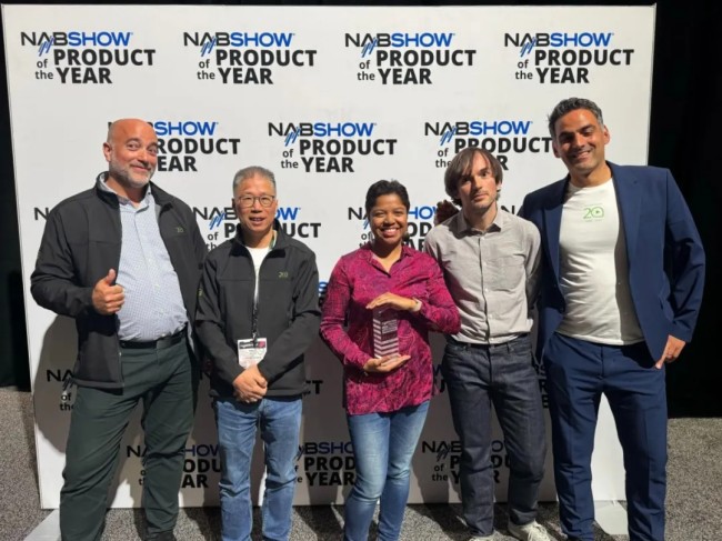 Paul Shen, second from left, with TVU and France Télévisions representatives receiving a NAB 2025 project award
