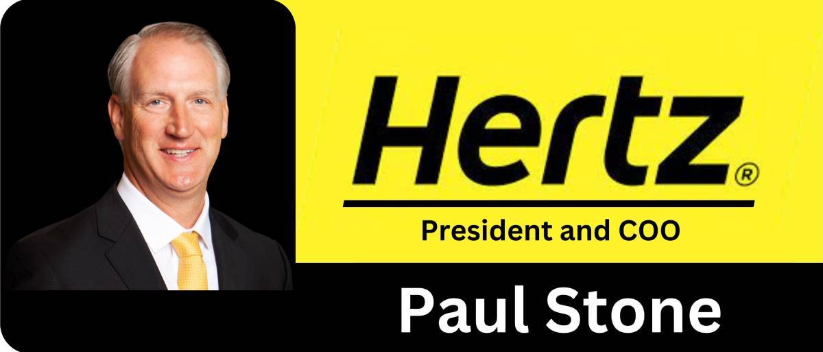 Archival press graphic showing Paul Stone beside the Hertz logo and his then-title, President and COO