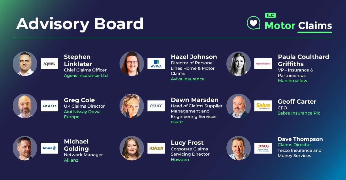 I Love Claims’ 2025 Motor Claims Advisory Board graphic, including the named portrait of Paula Coulthard Griffiths