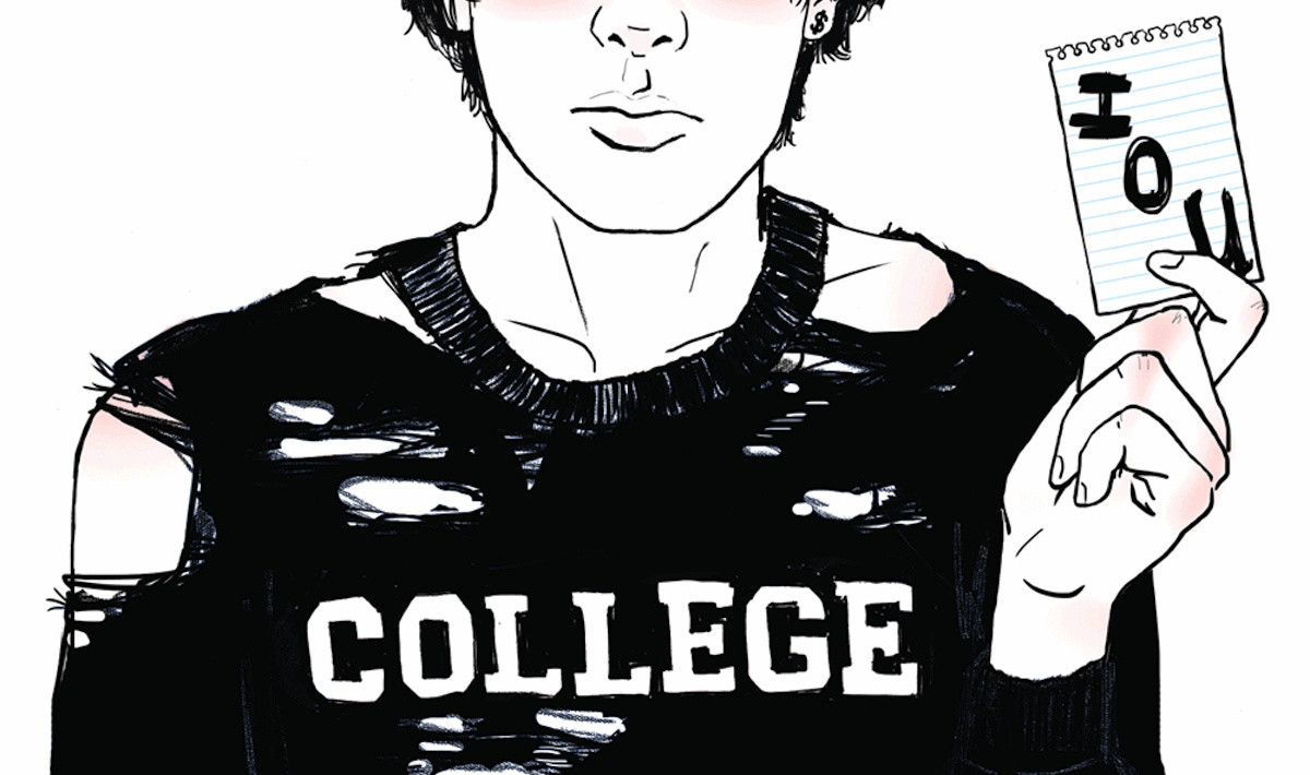 Illustration of a college student holding an IOU note