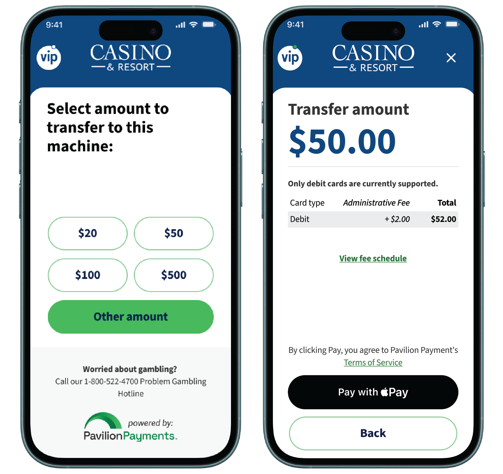 Pavilion Tap2Play product screens showing amount selection and an Apple Pay confirmation