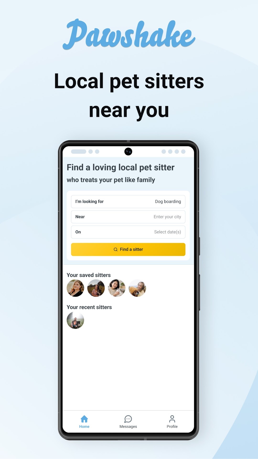 Official Pawshake app screenshot showing service, location and date search