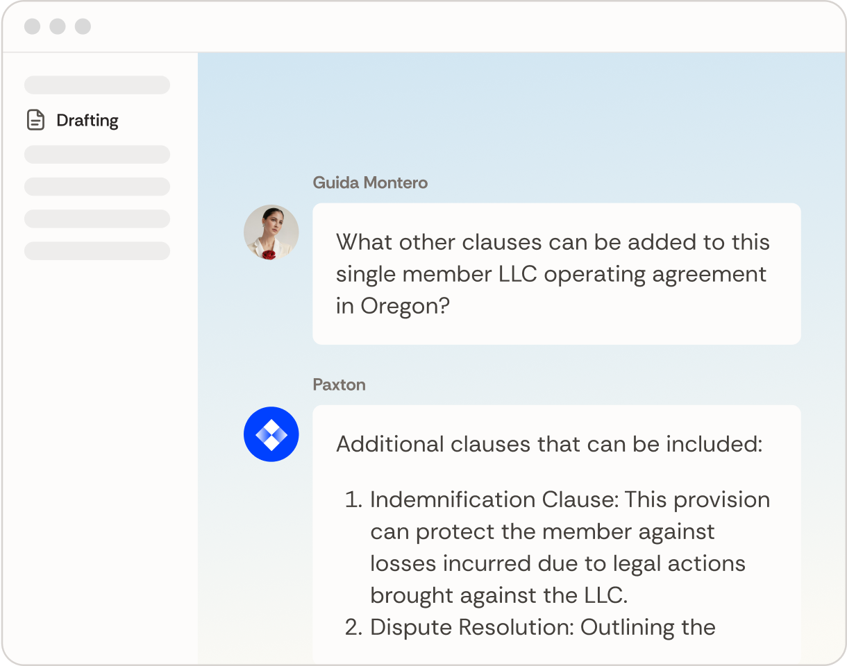Paxton drafting interface answering a question about clauses for an Oregon LLC operating agreement
