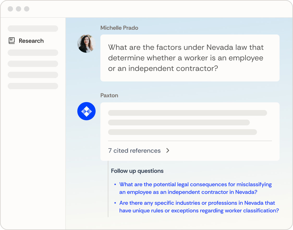 Paxton research interface showing a Nevada worker-classification question and cited references