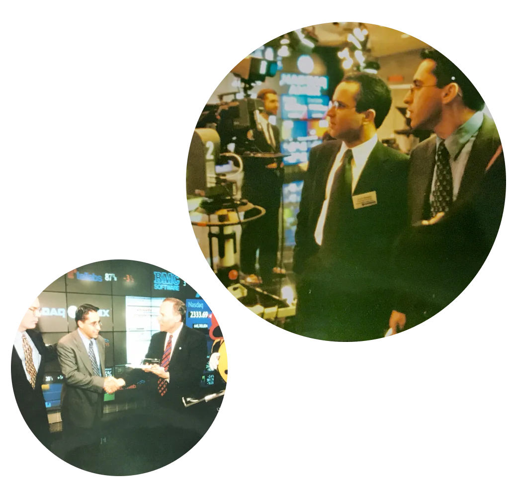 Archival collage of Payam Zamani and his brother at the AutoWeb public offering