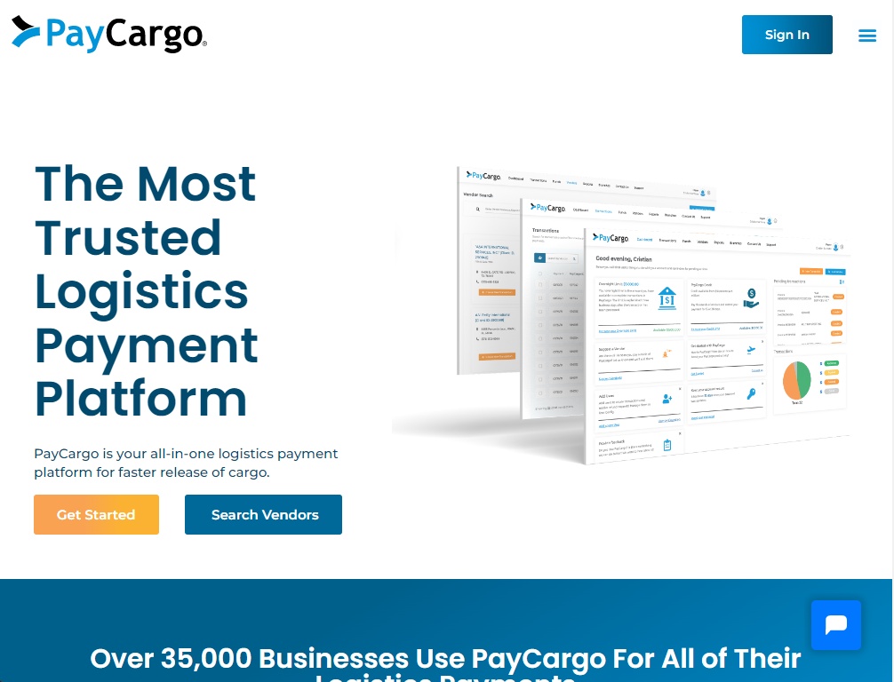 Historical PayCargo website showing a vendor directory and transaction dashboard