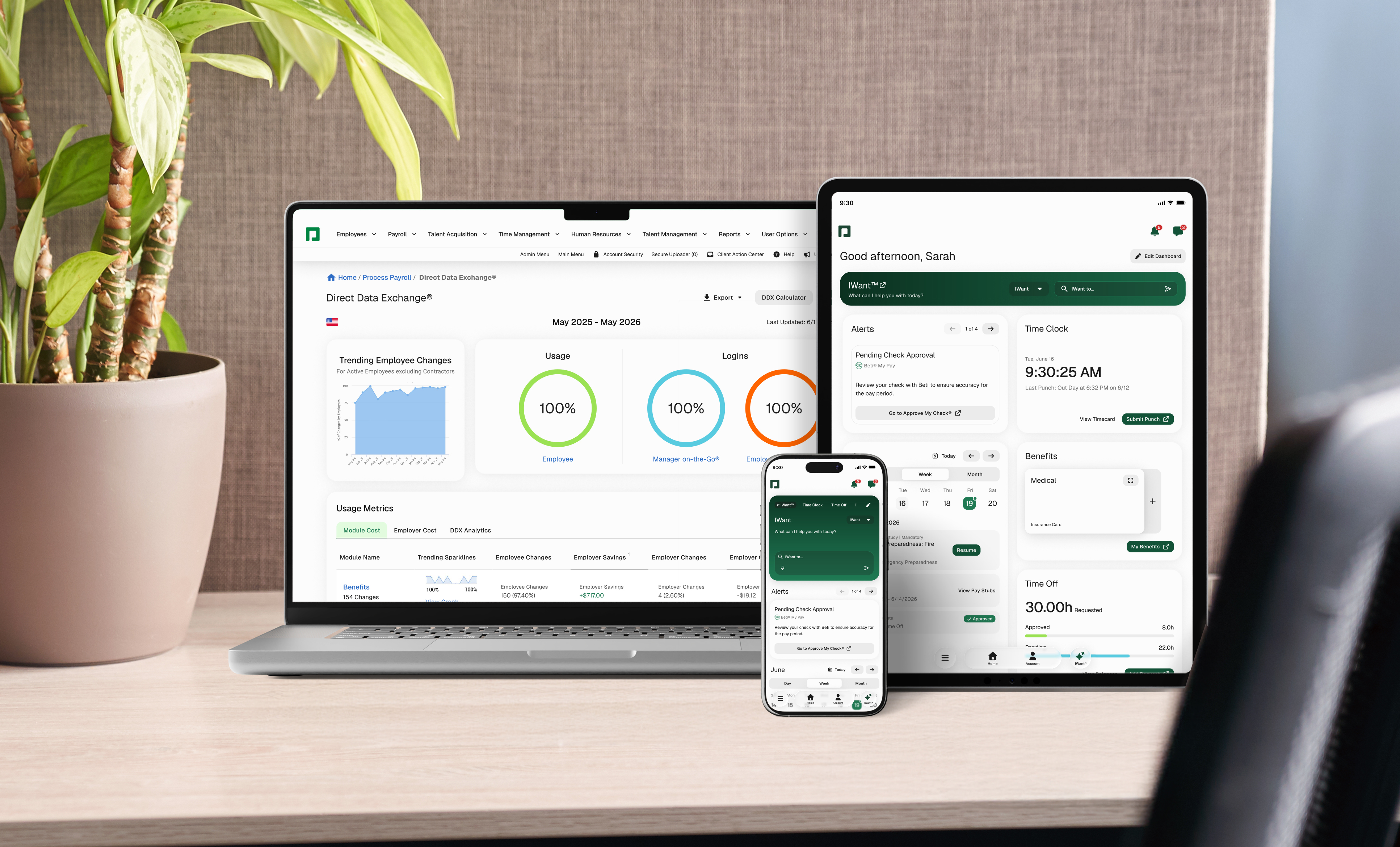 Paycom’s payroll and HR application displayed across desktop, tablet and mobile devices