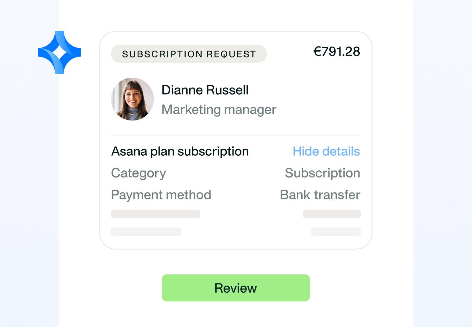 Payhawk Procurement Agent presenting a subscription request for approval