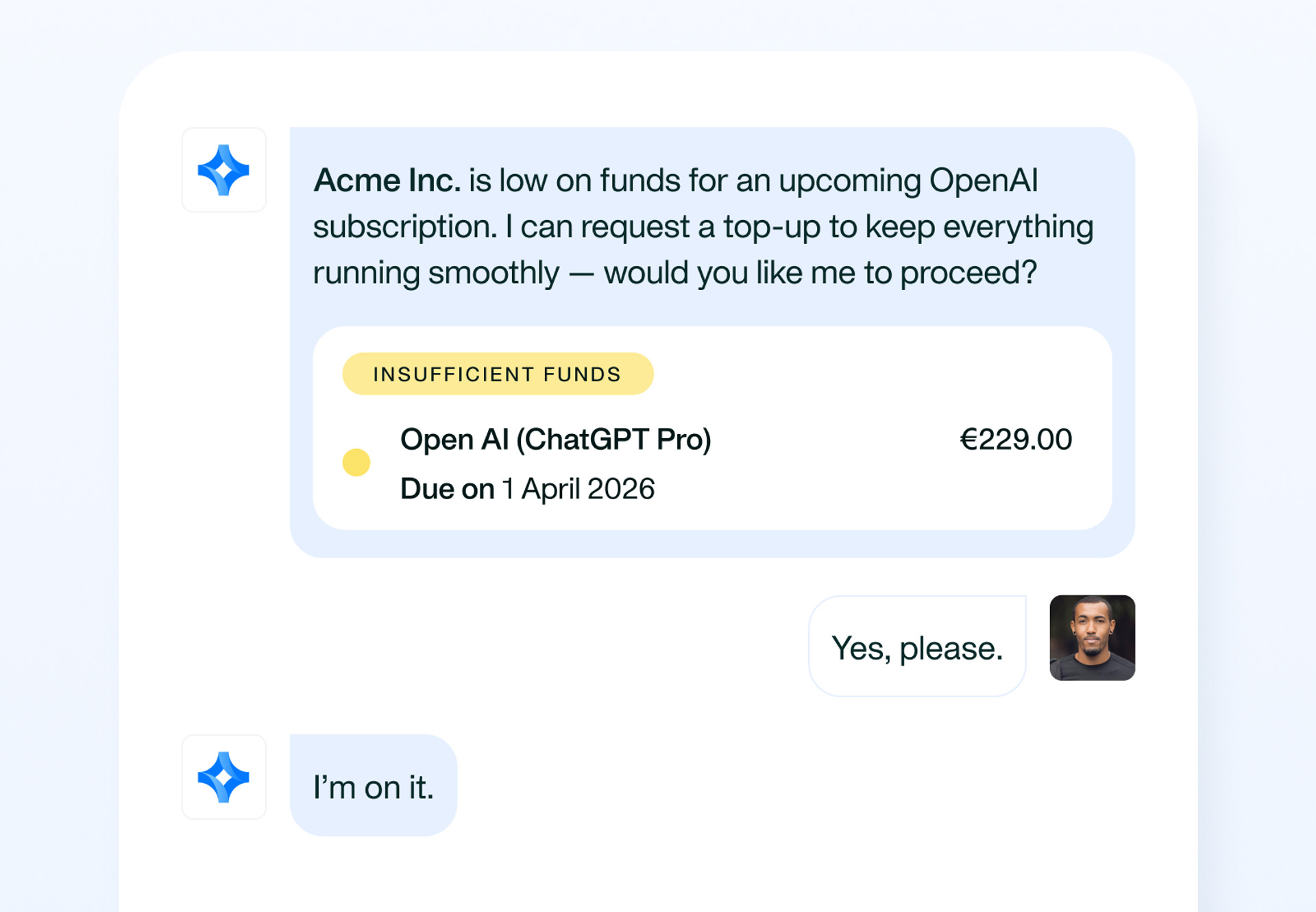 Payhawk Payments Agent warning that a company account is low on funds