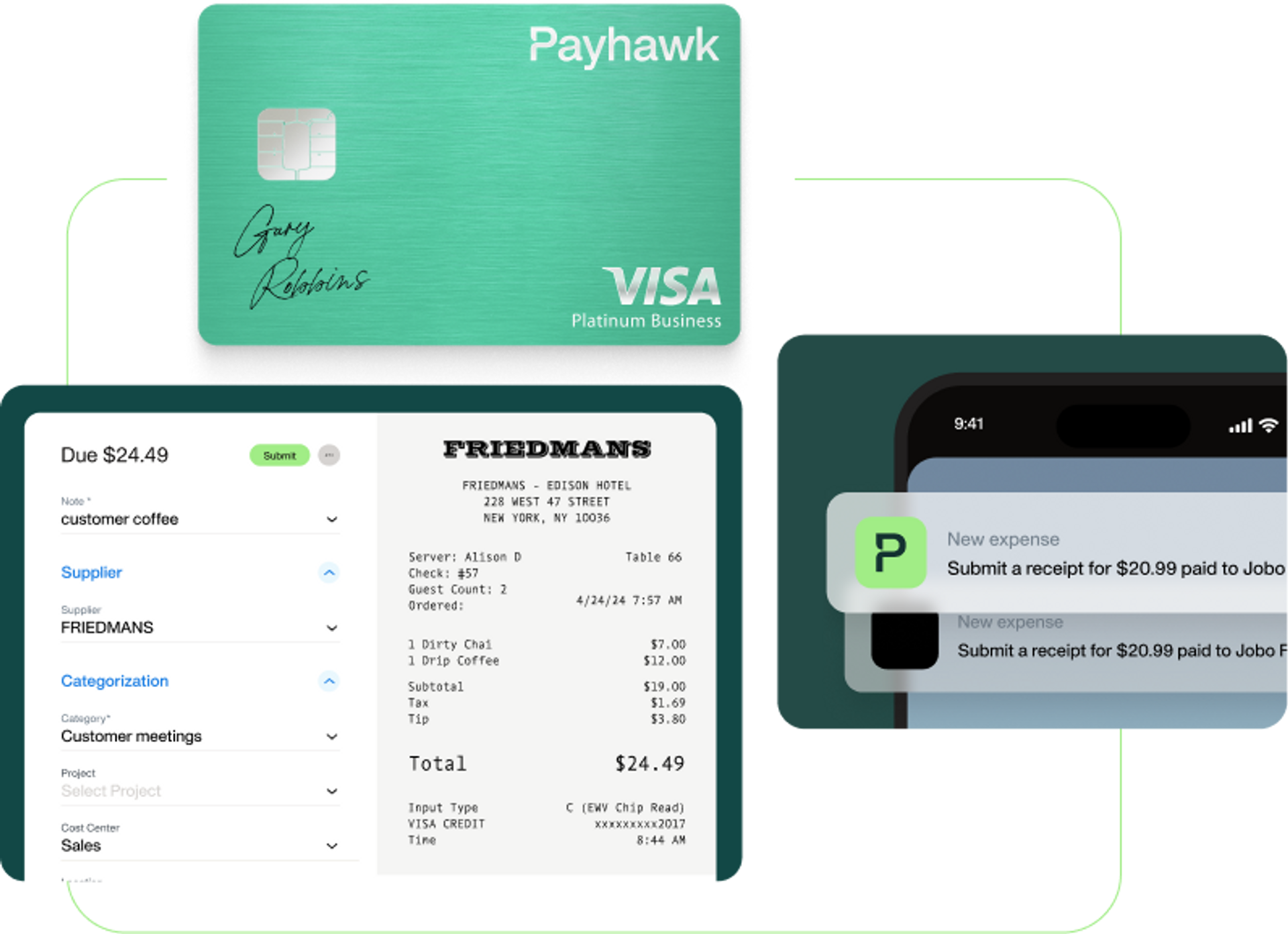 Payhawk company card, receipt capture screen and mobile expense notification