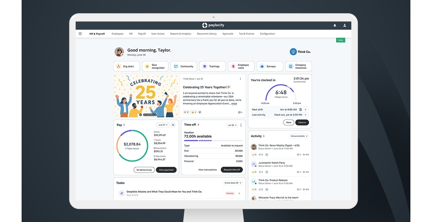 Paylocity employee dashboard showing pay, time off, clocking, and announcements