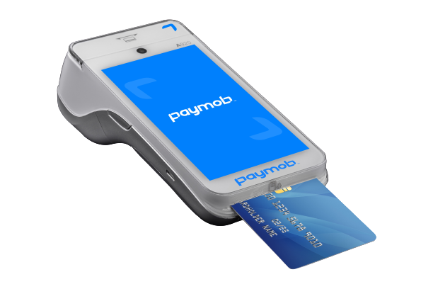 Paymob branded POS terminal showing a payment card inserted