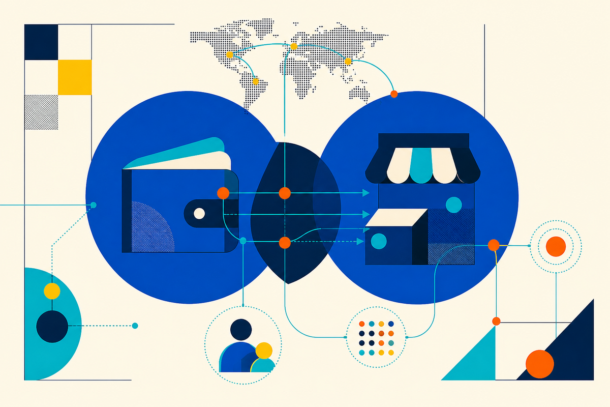 Abstract Swiss-style illustration connecting a digital wallet, merchant and global payment routes