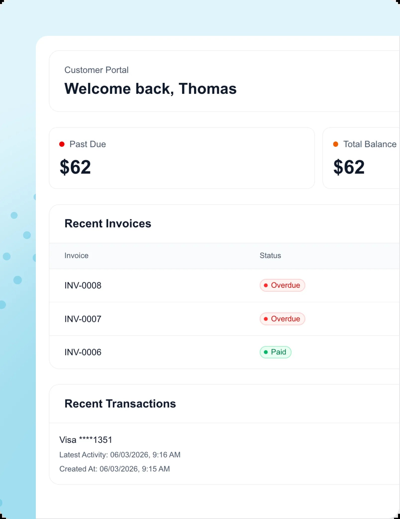 Payra branded client portal for customer self-service