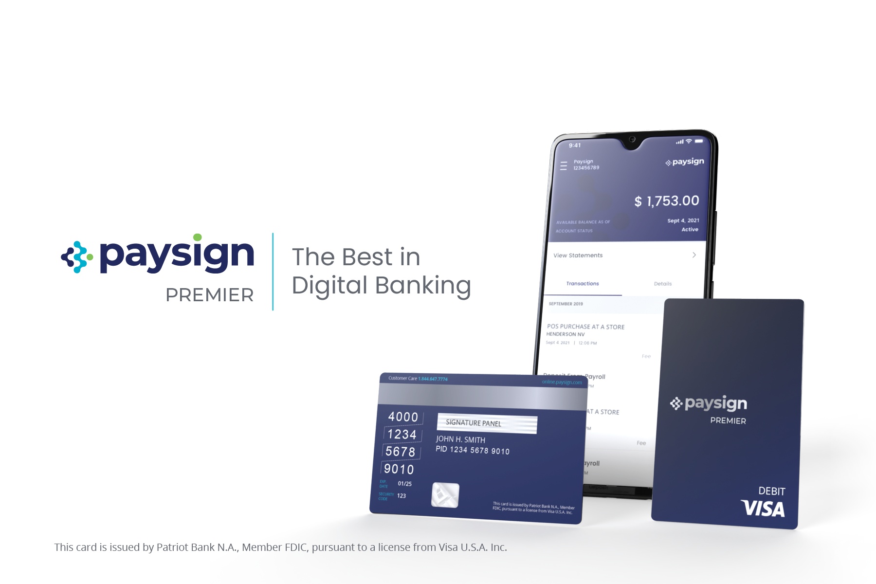 Paysign Premier promotional image showing its mobile account interface and debit cards