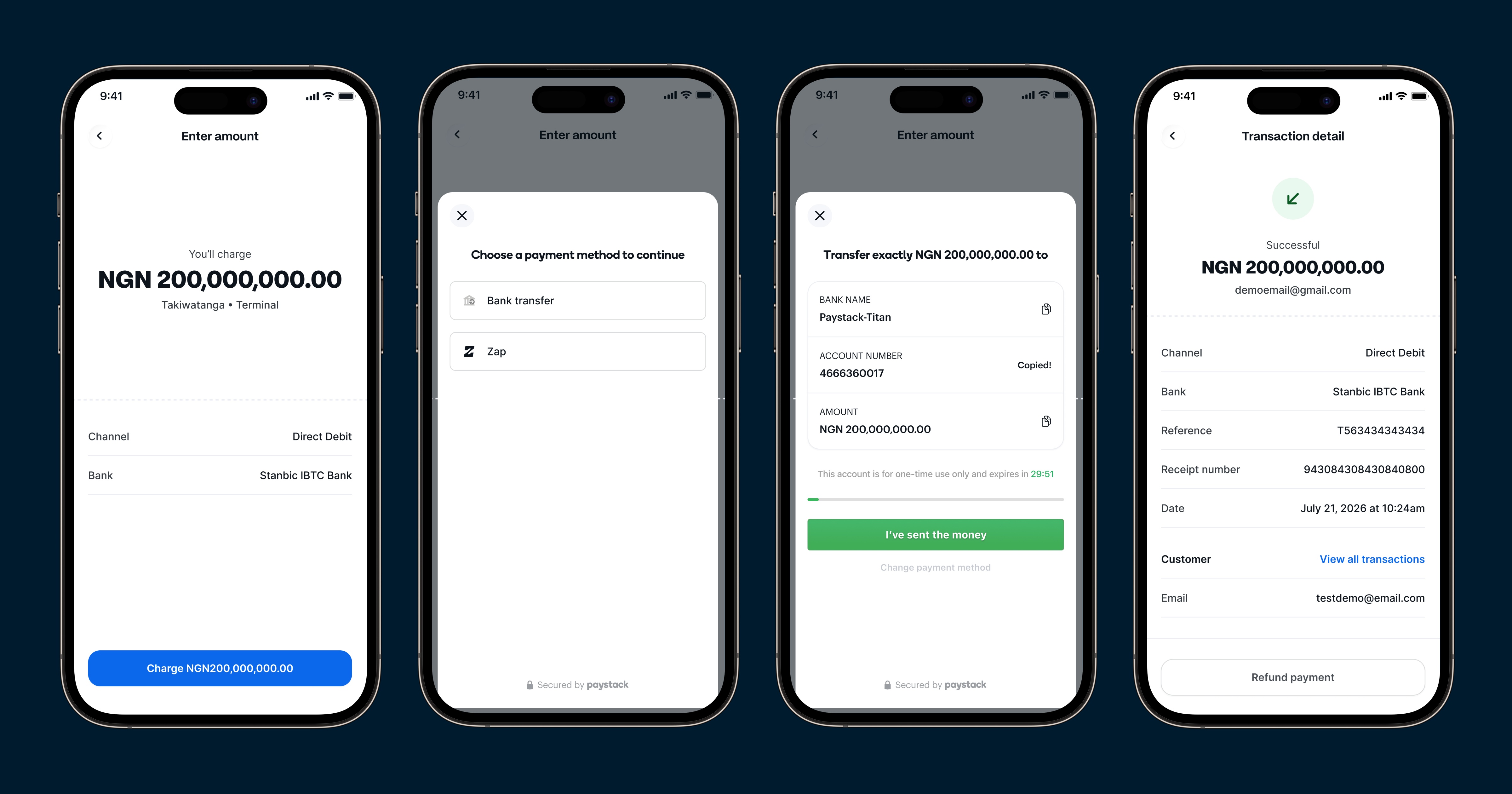 Four Paystack merchant app screens showing an illustrative payment collection flow and confirmation