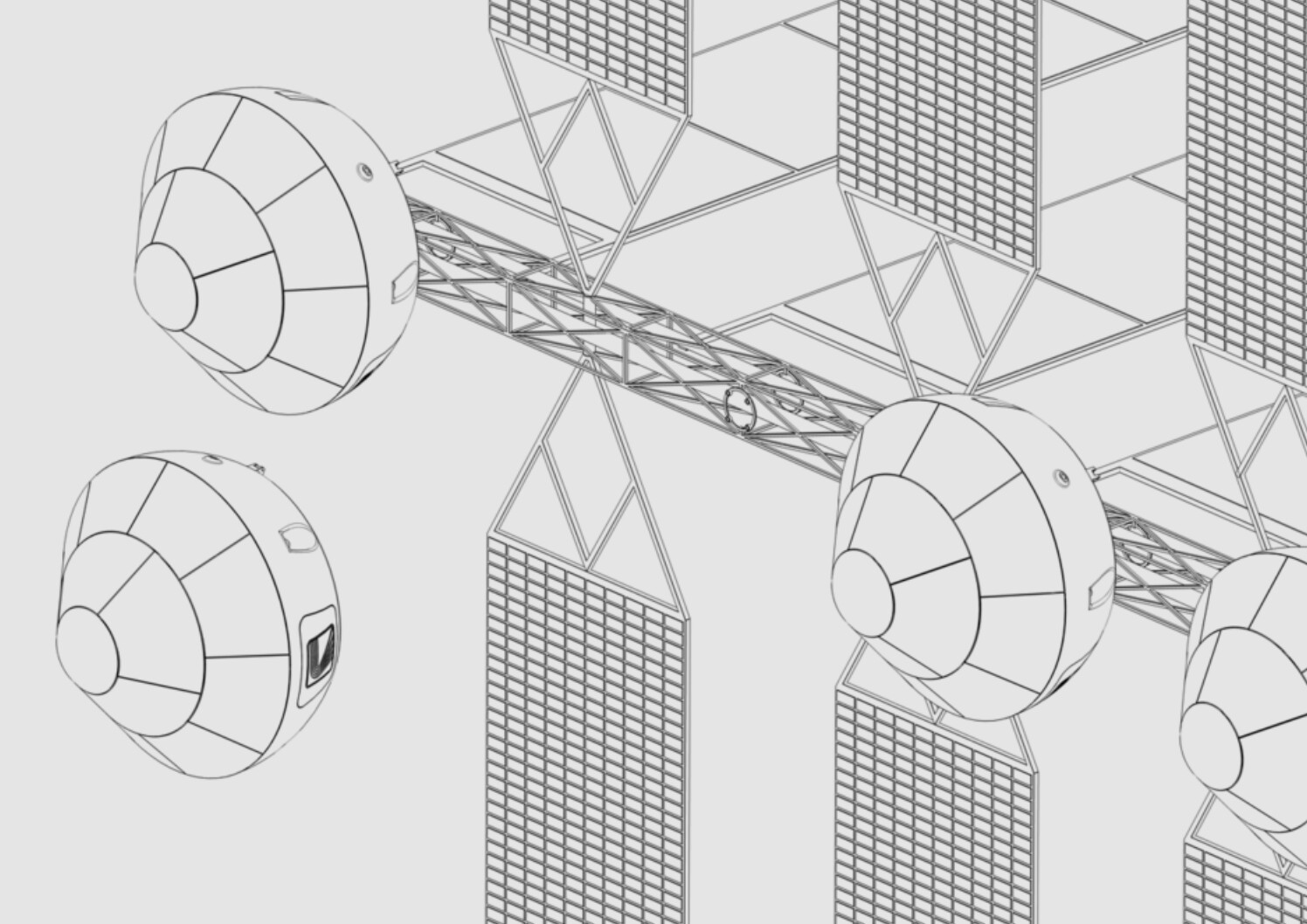 Dispatch concept sketch showing an uncrewed orbital station and docked reentry vehicles