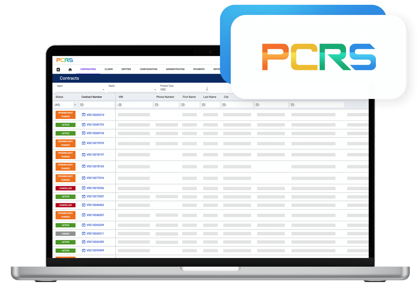Official PCRS product illustration showing its administration interface on a laptop