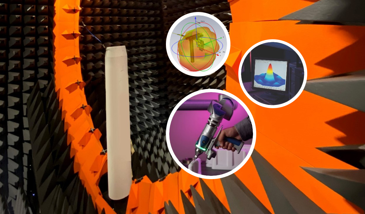PCTEL montage of an antenna measurement chamber, RF simulations, and mechanical measurement tools