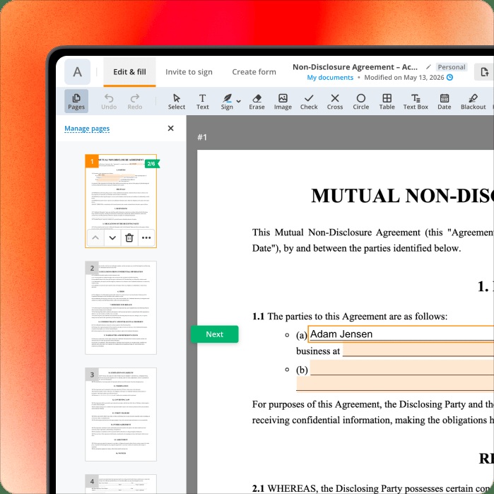 pdfFiller product image showing a non-disclosure agreement open in the editor with editable fields and page thumbnails