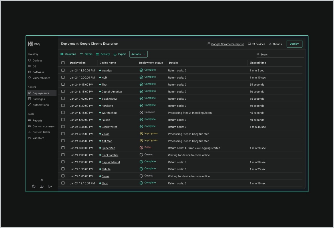 PDQ Connect deployment screen showing completed, queued, failed, and in-progress installations