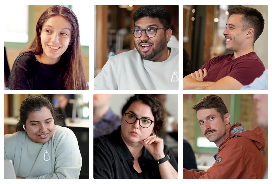 Six Pear Commerce team members pictured in the company’s careers montage