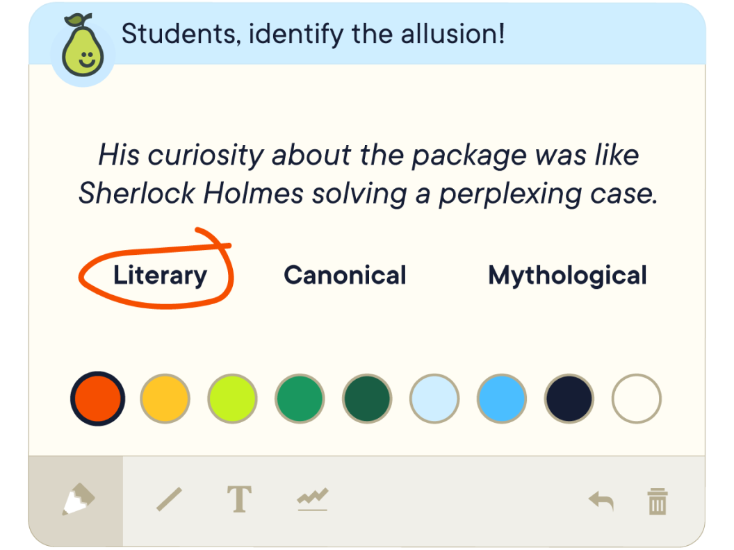 Pear Deck product mockup showing an interactive reading prompt and a student's circled response