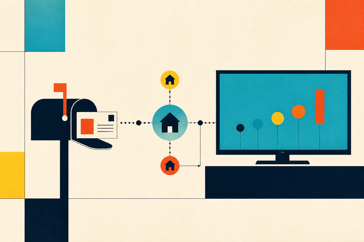 Geometric illustration connecting a mailbox, household data nodes and a connected television