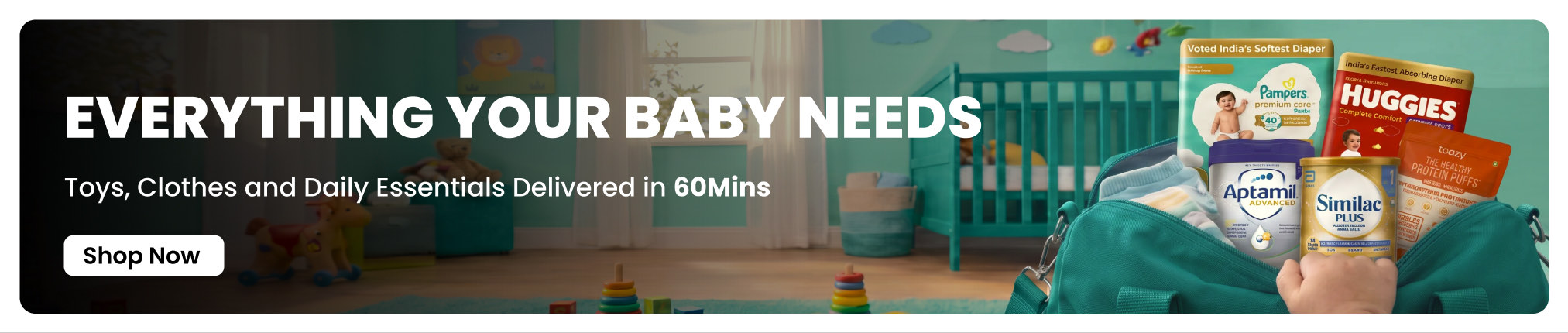 Peeko storefront banner showing diapers, formula and snacks beside a packed baby bag