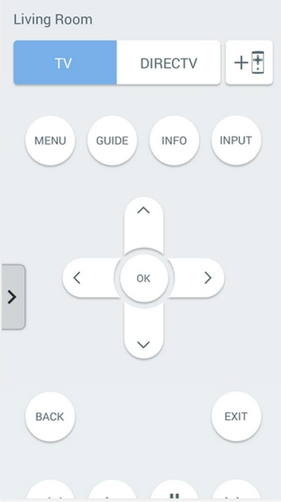 Peel Smart Remote interface with TV and DirecTV tabs and a directional pad